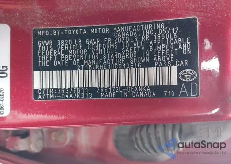 2017 Toyota Corolla Le из США, поврежденный, VIN 2T1BURHE1HC913546